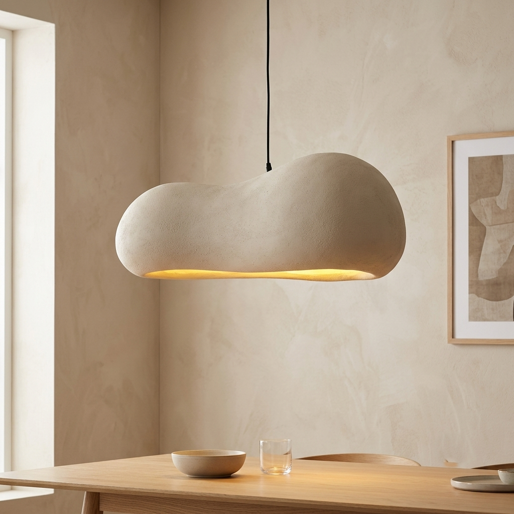 A pendant light unit with a soft, organic design that mimics polished stone formations or clouds, with a matte finish that provides warm lighting and lends a calm and simple character to the architectural space.
