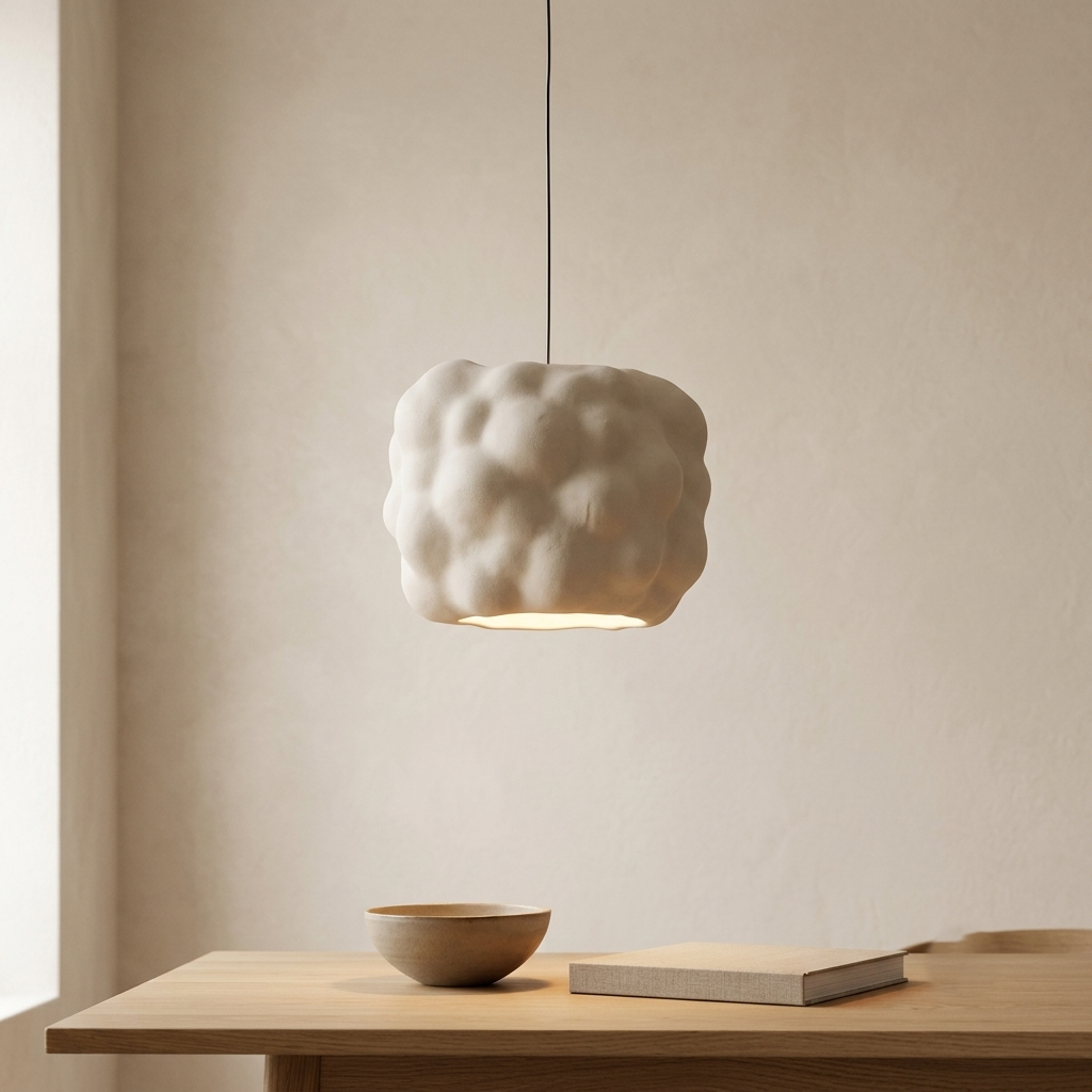 A pendant light with a sculptural, bulbous design that mimics the natural formations of clouds, with a matte white finish that adds softness and tranquility to the interior space.