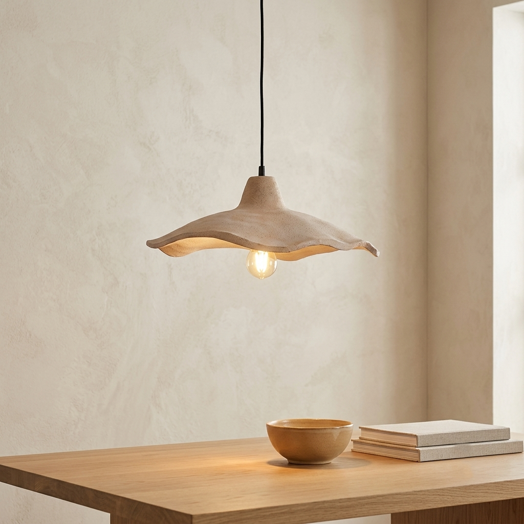A pendant light with a streamlined design and wavy edges that mimic natural shapes, featuring a raw clay texture and highlighting a warm light source to add a contemporary rustic touch to the interior space.