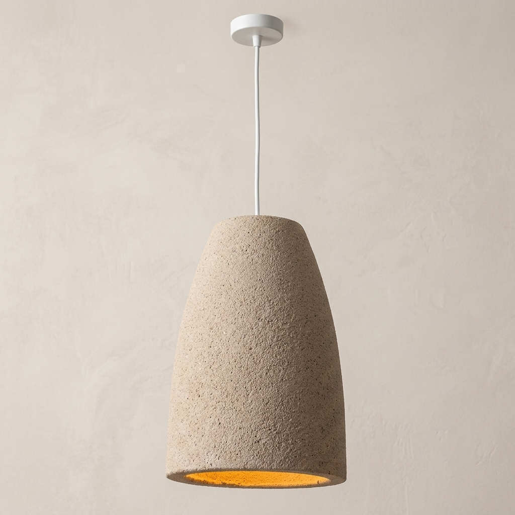 A pendant light unit with a streamlined, conical design and a rough texture that mimics natural sandstone, providing warm lighting and adding a simple, calm, earthy touch to the architectural space.