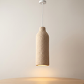 A pendant light with a simple cylindrical design that mimics the shape of a bottle, featuring a rough stone texture and a warm earthy color that adds a calm, rustic touch to the space.