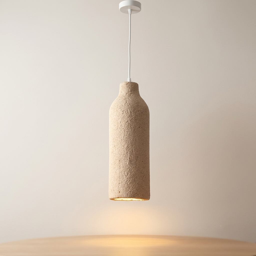 A pendant light with a simple cylindrical design that mimics the shape of a bottle, featuring a rough stone texture and a warm earthy color that adds a calm, rustic touch to the space.