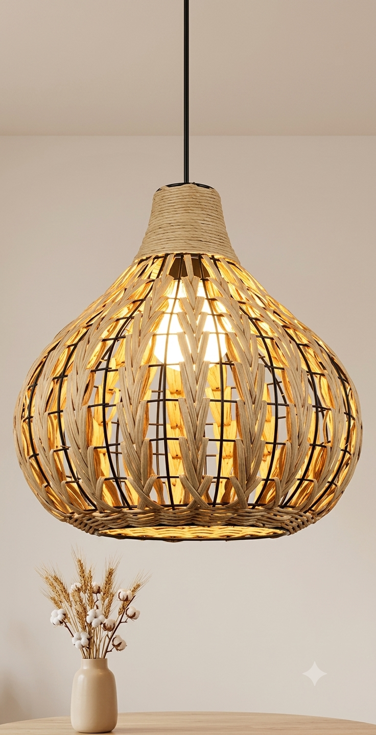 A pendant light unit that combines a metal structure with natural fabric woven in a geometric pattern that mimics wheat stalks, to cast rich shadows and a warm, rustic touch on the architectural space.