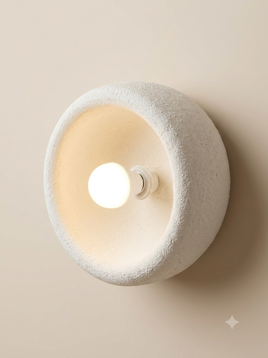 A circular wall sconce with a hollow design and a rough finish resembling plaster or pottery, with a spherical bulb visible in the center.