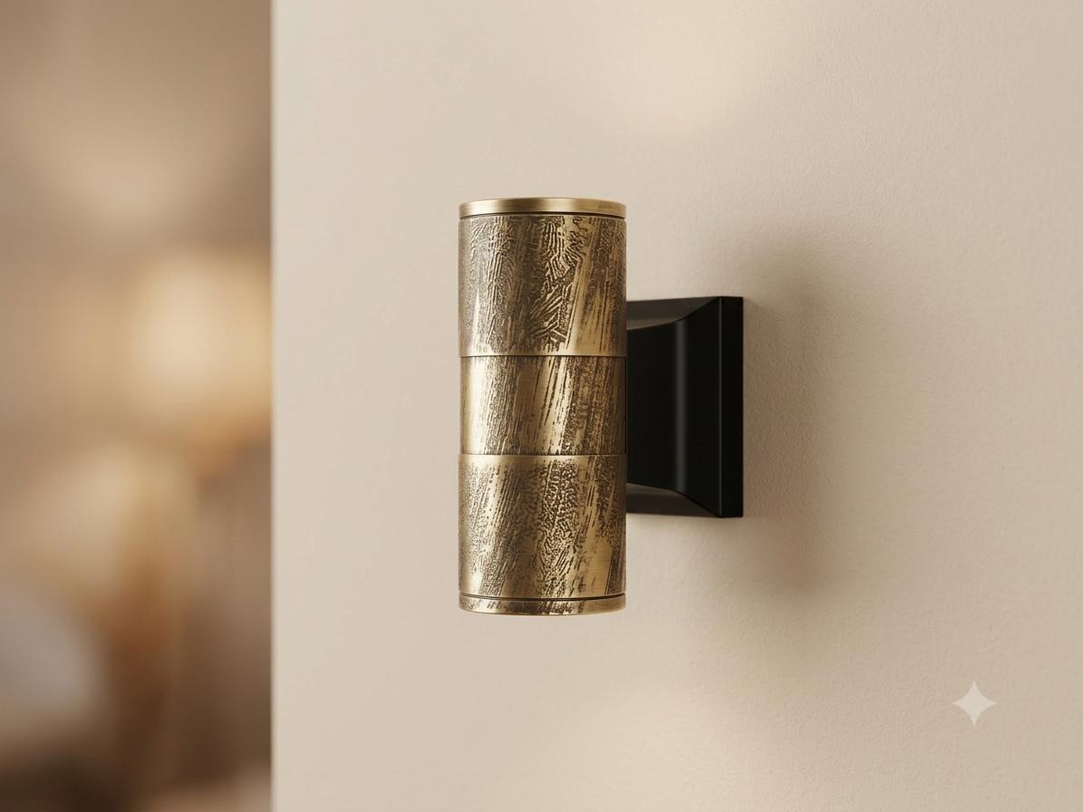A cylindrical wall light unit with an antique brass finish and embossed patterns that give it a classic character, mounted on a black base.