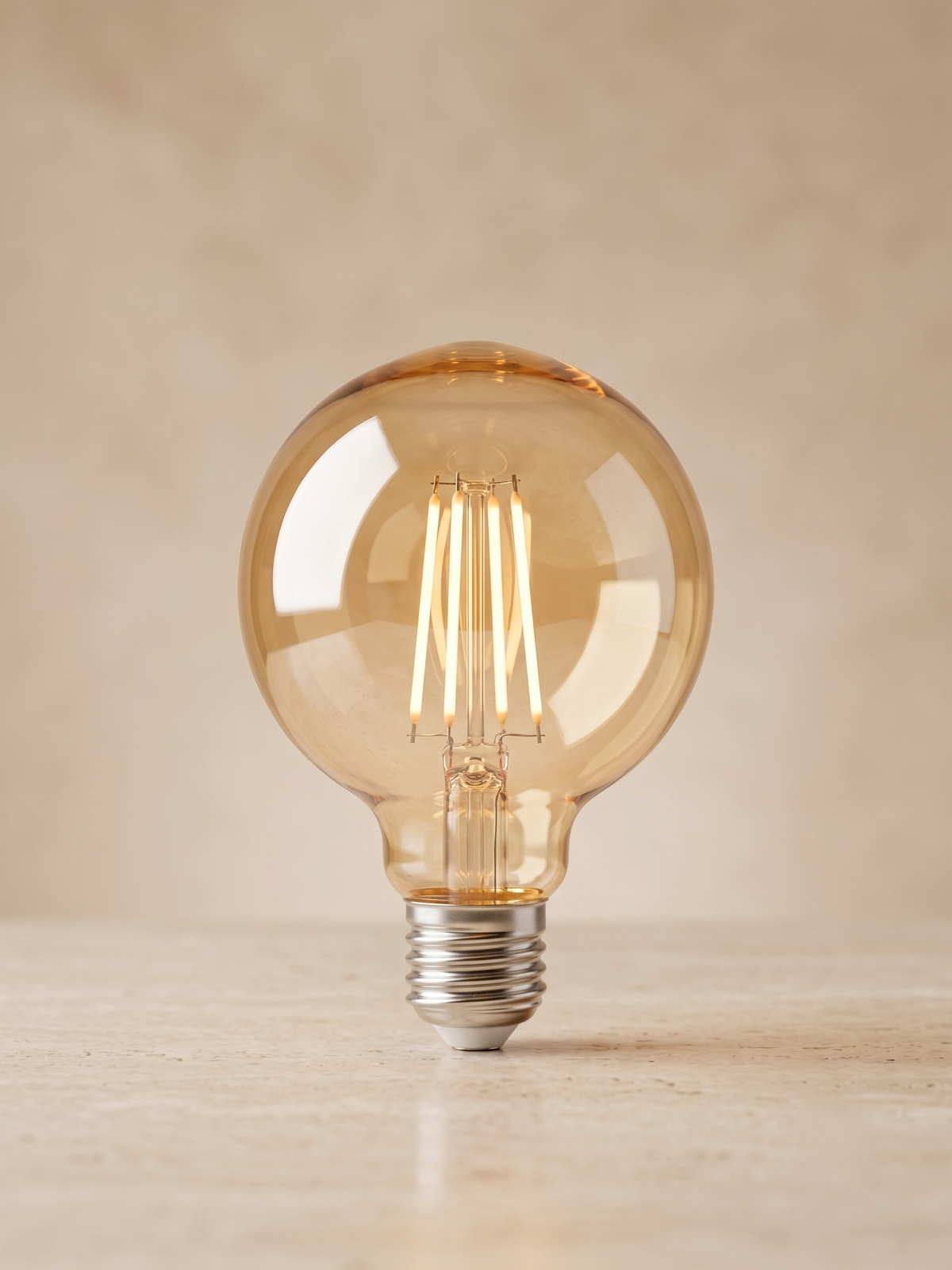 Spherical LED filament lamp with a warm gold finish.