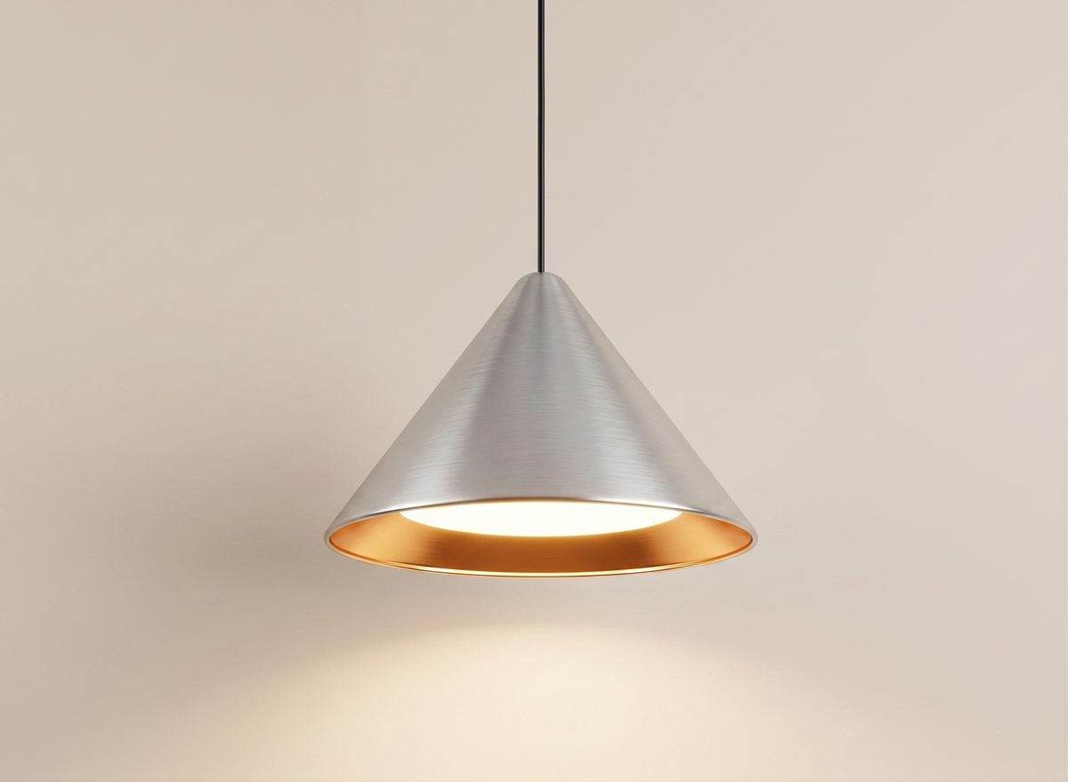 A pendant light with a pure geometric design made of brushed metal, elegantly blending a modern exterior with a copper lining that reflects warm light within contemporary architectural spaces.