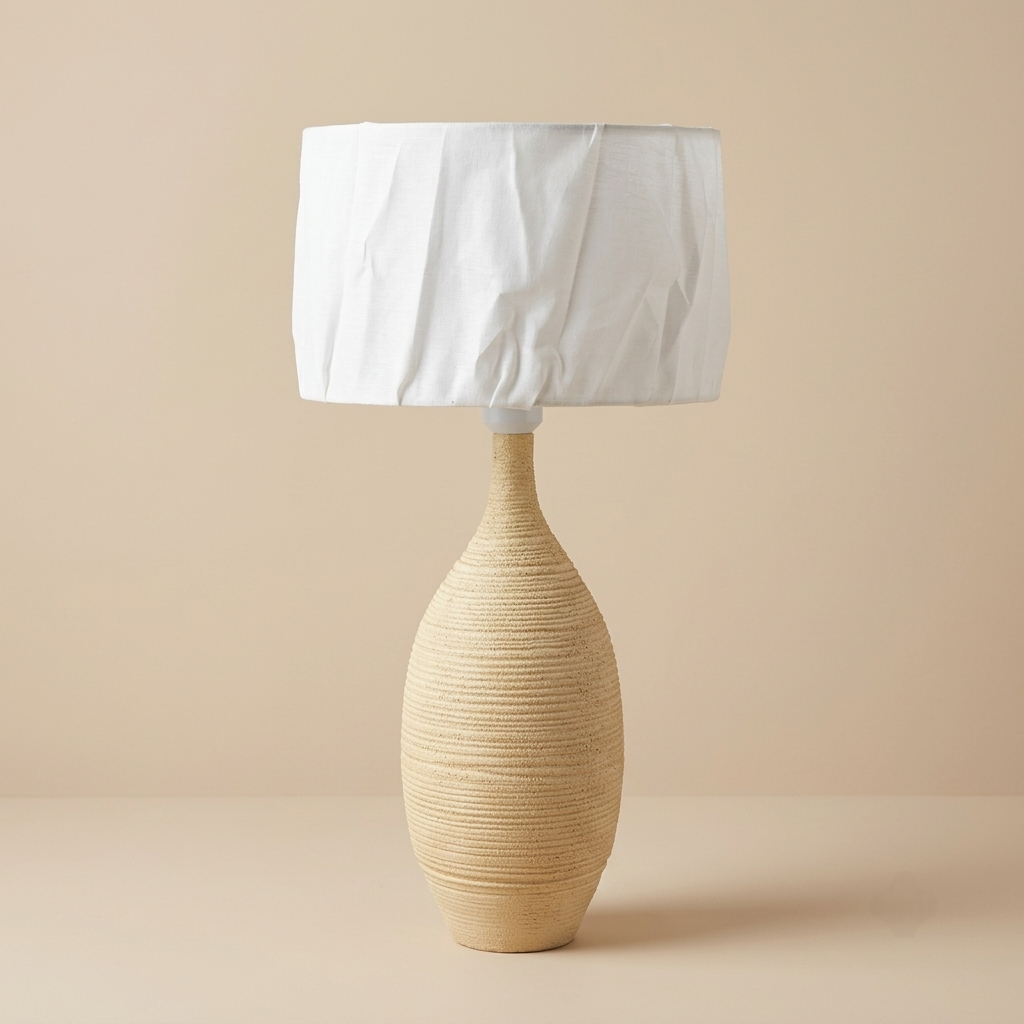 Ribbed ceramic table lamp with linen drum shade