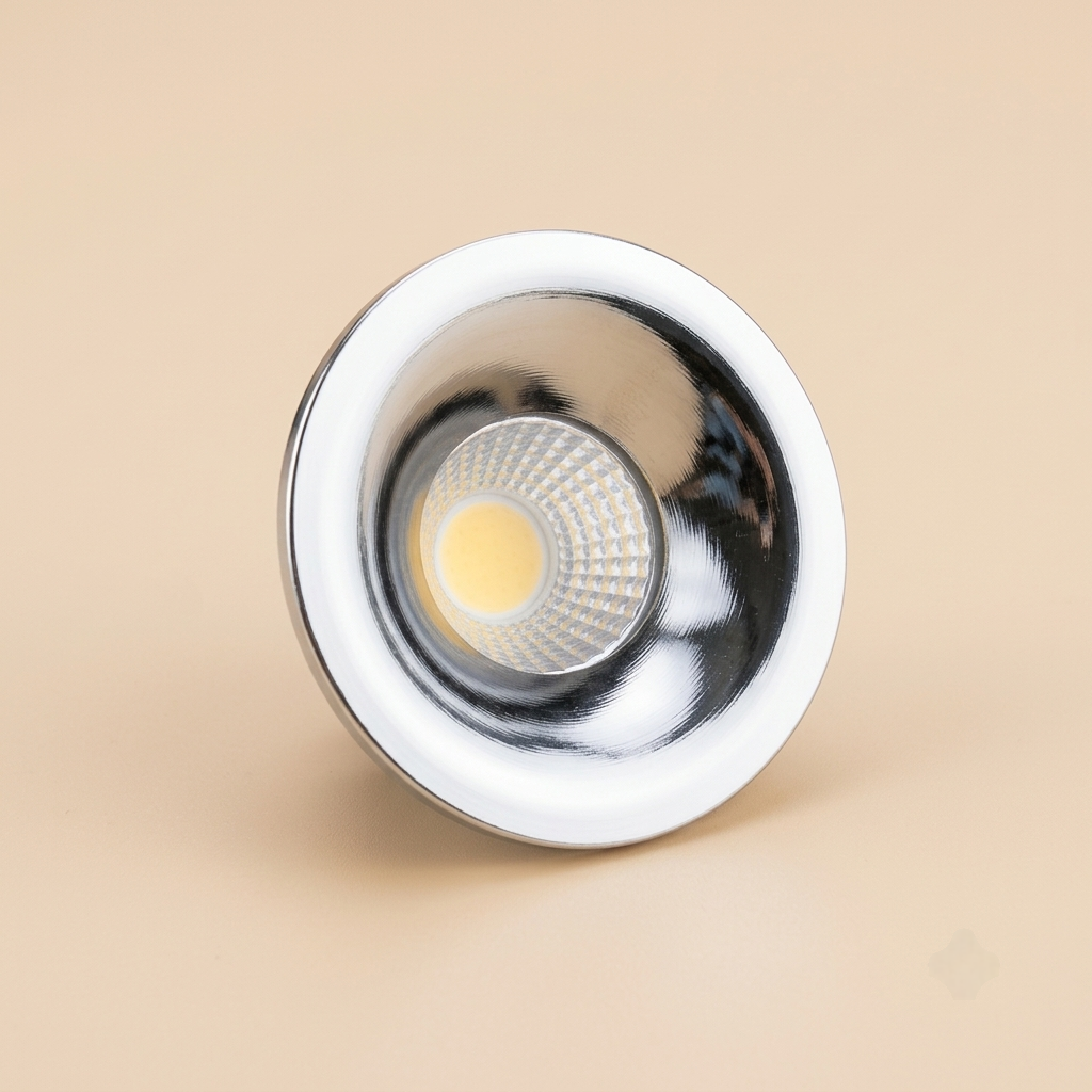 White-rimmed recessed downlight with chrome bowl reflector